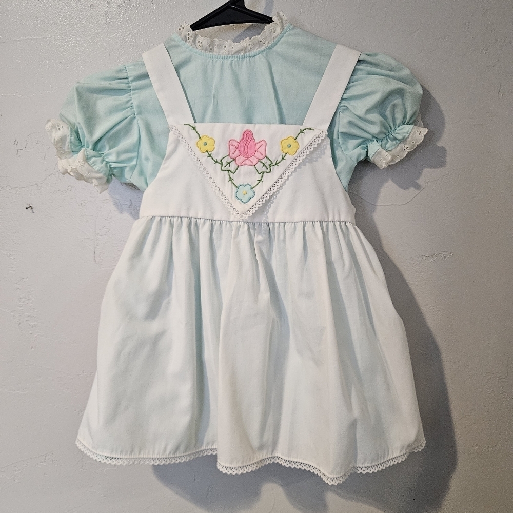 Toddle Time by JCPenney Vintage Toddler Girl 4T Blue White Pinafore Dress Apron
